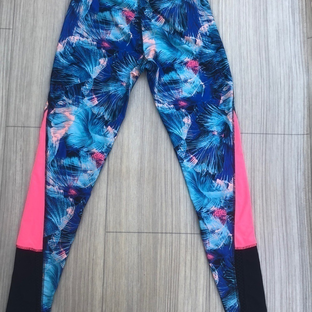Marika Leggings Small Blue Pink Tropical Print Neon Colorblock Mesh Activewear